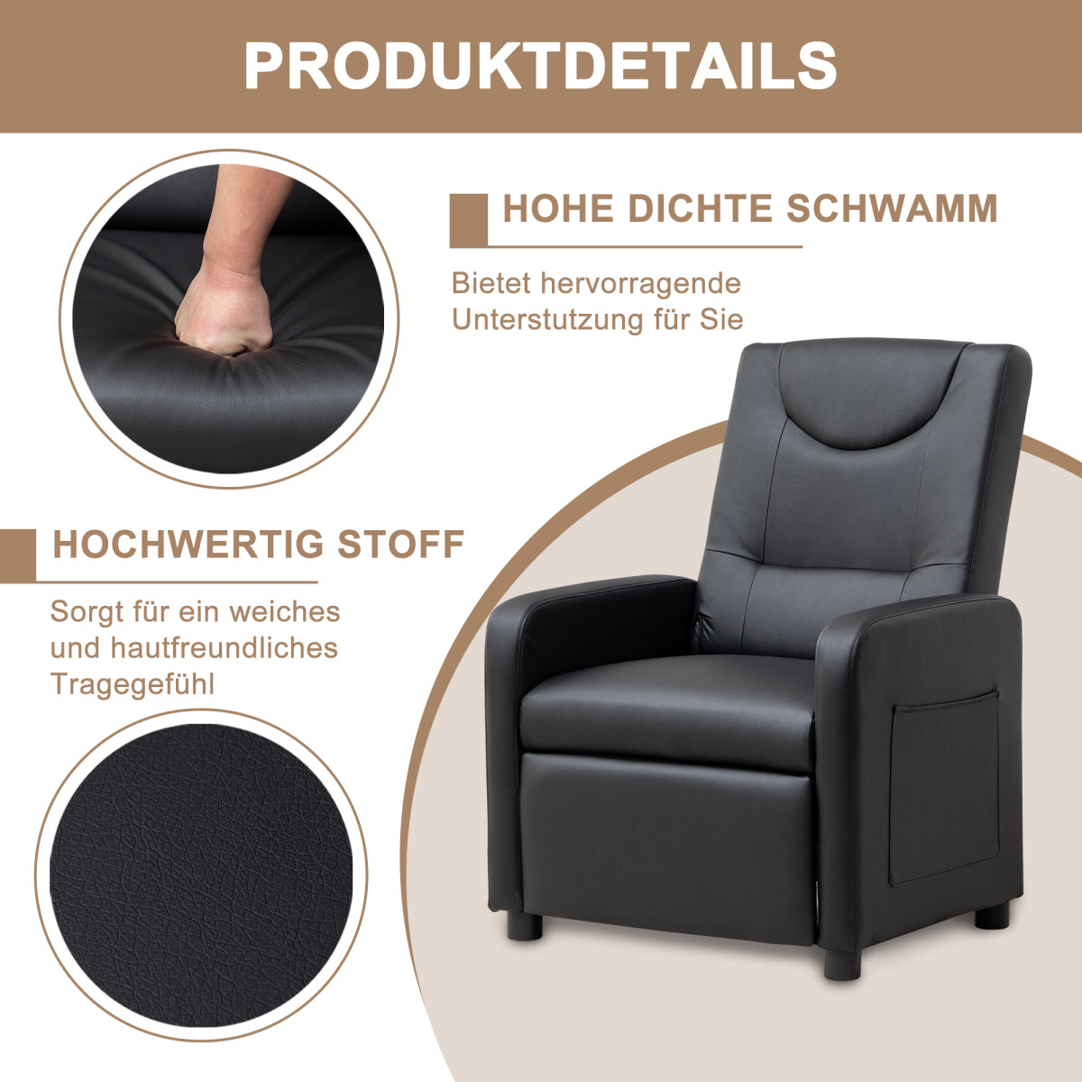 Fernsehsessel Relaxsessel Loungesofa mit Fußstütze Sessel Lehnstuhl Liegesessel Schwarz PU