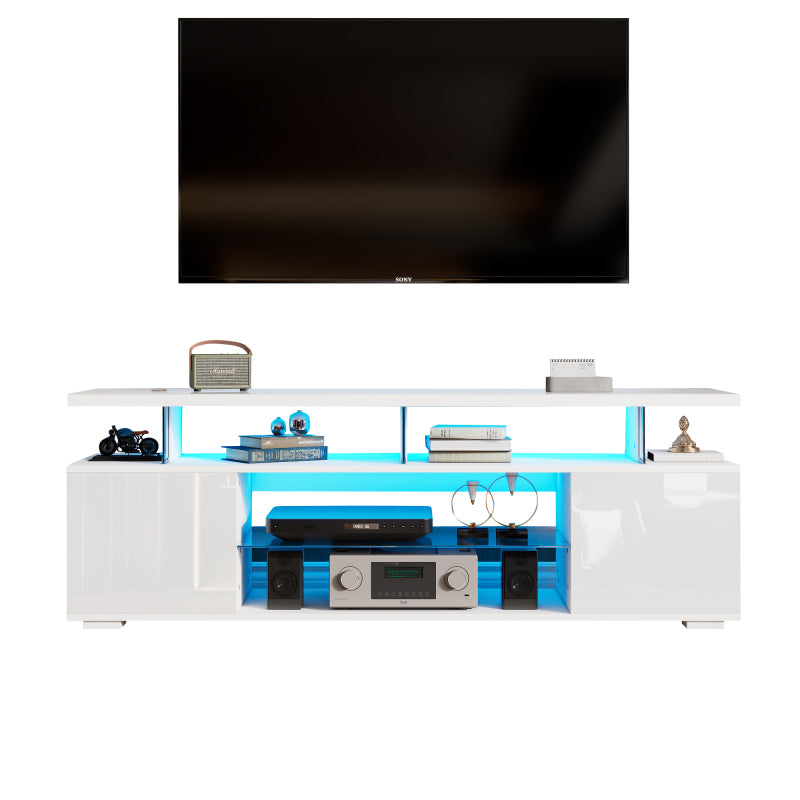 Moderner Low-Panel-Hochglanz-TV-Ständer mit LED-Beleuchtung, TV-Panel, TV-Glasschrank für 60-Zoll-Fernseher, Tische, universelle Gaming-Medienständer, Stauschränke und große Stauräume, Reinweiß