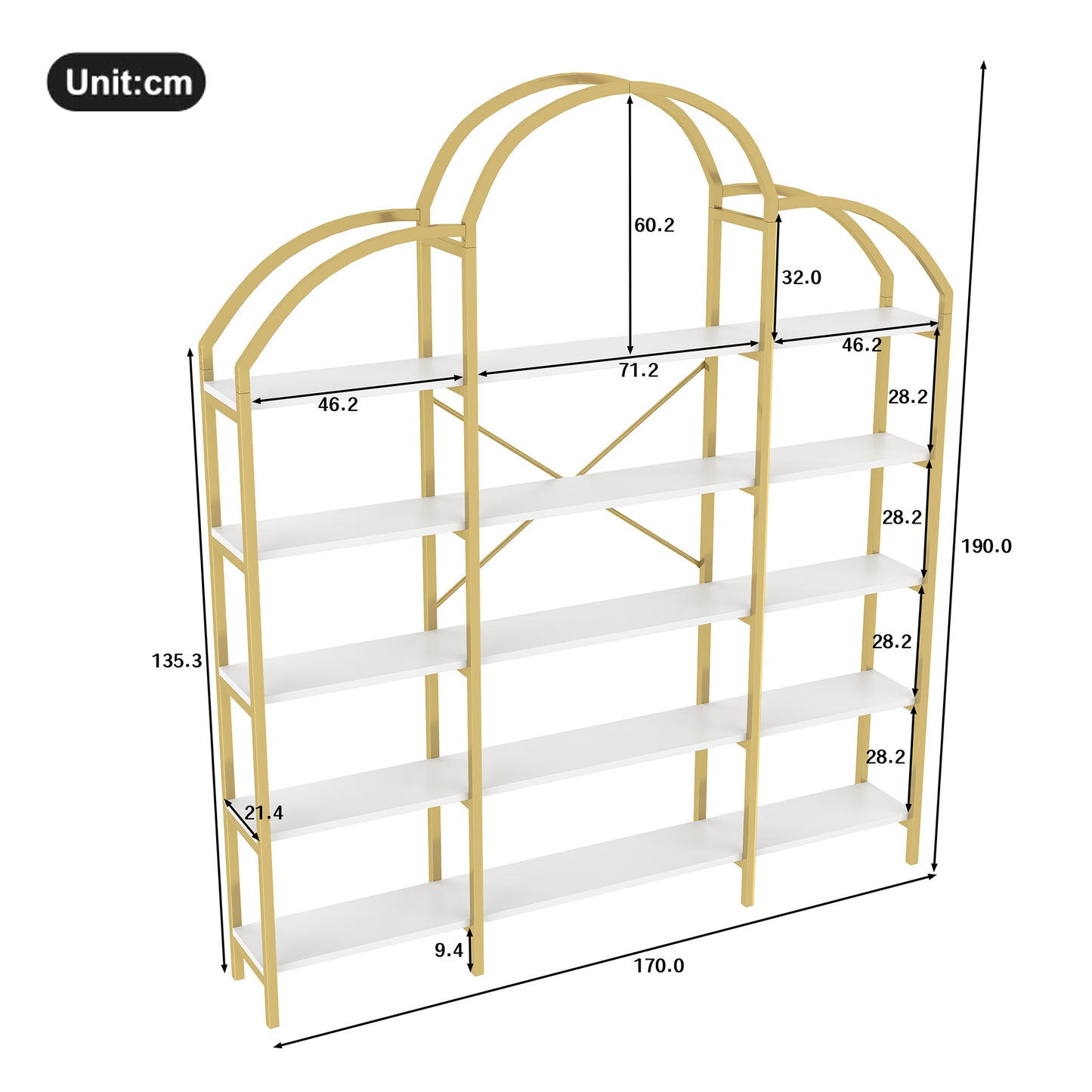 Regal im schlichten Stil, fünf Schichten Stauraum, einzigartige Wolkenform, einfach zu montieren und zu reinigen, Gold + Weiß