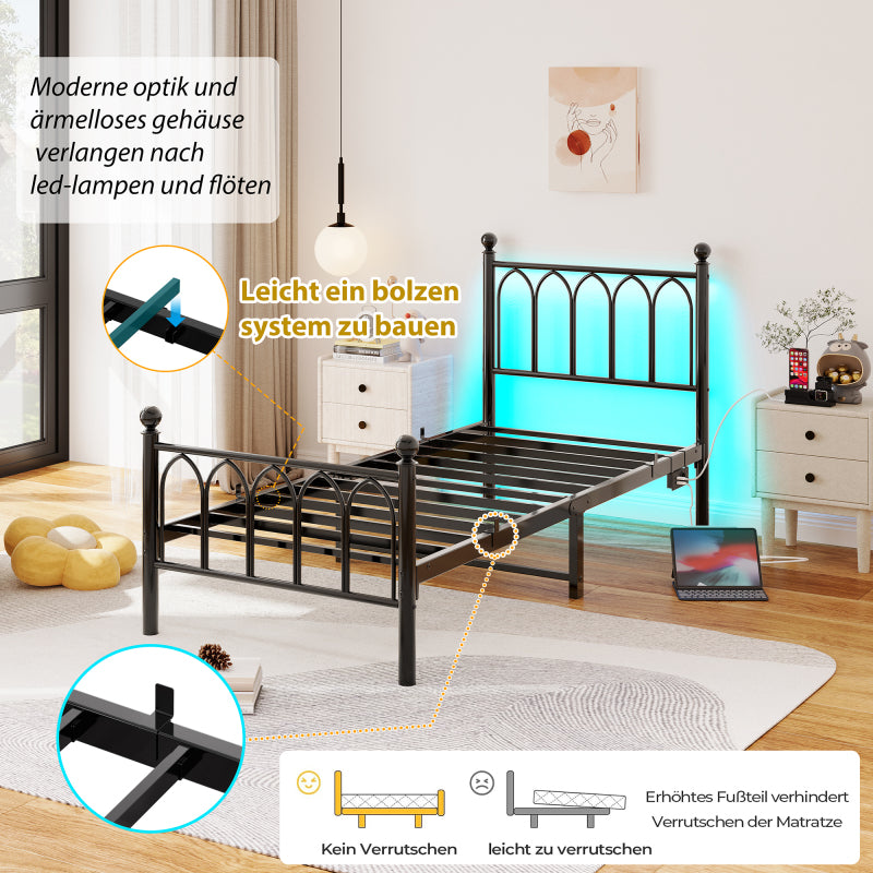 90x200cm Metall Bettrahmen mit Vintage Kopf und Fußplatte, USB-Ladestation, LED-Bettrahmen, Heavy Duty Stahl Slat Unterstützung, Reichweite Unterbett-Speicher, Keine Box-Feder erforderlich, Schwarz