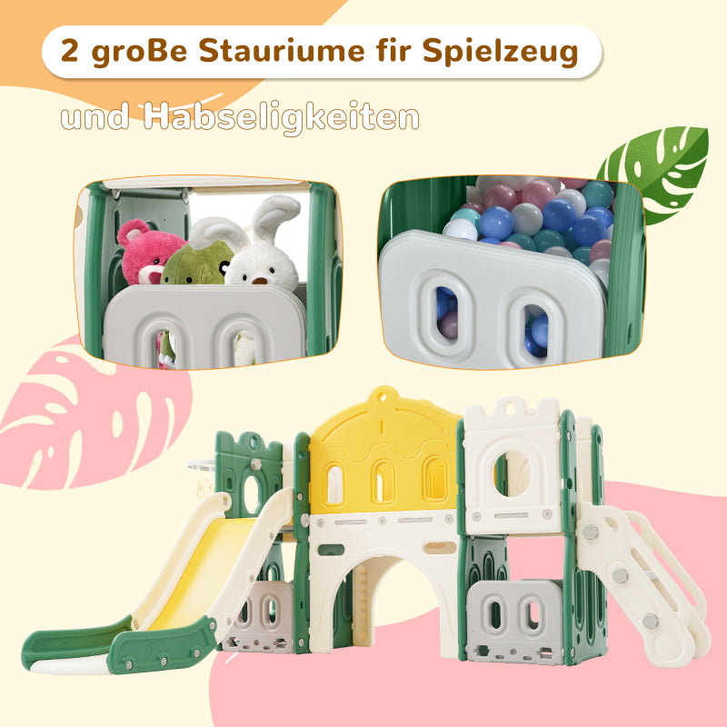 Mein kleines Schloss-Slide Kletterspielzeug für Kinder, 6 in 1 Kinderrutsche, Klettern, Bohrspiel, Stauraum, Spielgang, Basketballrahmen. Hergestellt aus HDPE (Enthält keine Meereskugeln)