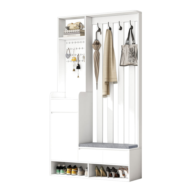 Flurgarderobe mit gepolsterter Aufbewahrungsbank, multifunktionaler Flur-Schuhschrank mit Stecktafel, moderne Garderobe mit 4 Haken für Eingangsbereich, Waschküche, Weiß,H180/B100/T35 cm