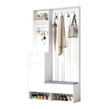 Flurgarderobe mit gepolsterter Aufbewahrungsbank, multifunktionaler Flur-Schuhschrank mit Stecktafel, moderne Garderobe mit 4 Haken für Eingangsbereich, Waschküche, Weiß,H180/B100/T35 cm