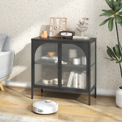 Metallseitenbrett-Schrank, Akzent-Speicherschrank mit 2 Glasklappen, Moderner Kaffebar-Schrank mit Einstellbaren Regalen für Küche, Wohnzimmer und Flur, eisenhaltig, H80cm×B80cm×T35cm