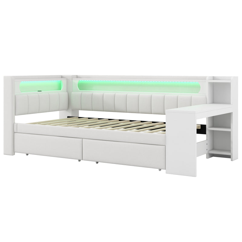 Gepolstertes 90x200 Daybed mit USB-Anschlüssen und LED-Gürtel, mit Schreibtisch und 2 Schubladen, weiß