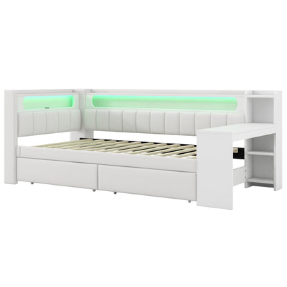 Gepolstertes 90x200 Daybed mit USB-Anschlüssen und LED-Gürtel, mit Schreibtisch und 2 Schubladen, weiß