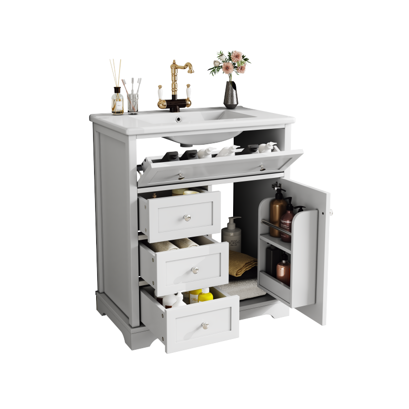 76x46x87cm Bodenstehender Badezimmerschrank mit Waschbeck, Waschtisch,Sprühlackierverfahren,Drei Soft-Close-Schubladen,Türregale,ausklappbare Schublade,integriertes Keramikwaschbecken,Weiß