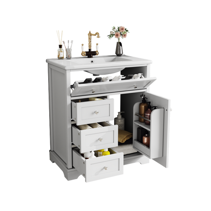 76x46x87cm Bodenstehender Badezimmerschrank mit Waschbeck, Waschtisch,Sprühlackierverfahren,Drei Soft-Close-Schubladen,Türregale,ausklappbare Schublade,integriertes Keramikwaschbecken,Weiß