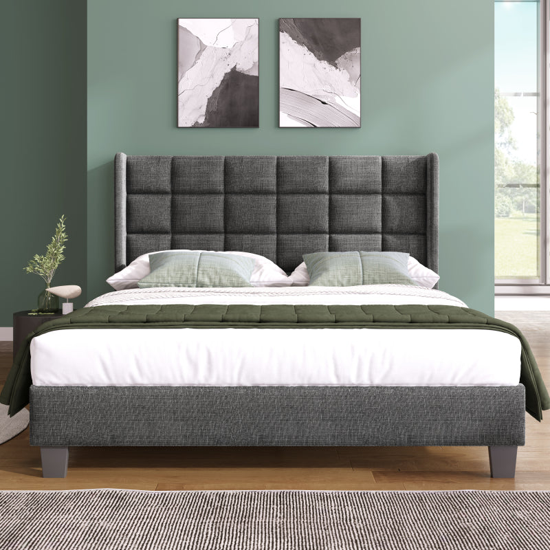 Polsterbett Mit seinem gepolstertes Kopfteil Doppelbett mit Lattenrost, 140x200cm ,in Grau Leinen, mittelfest (Ohne Matratze)