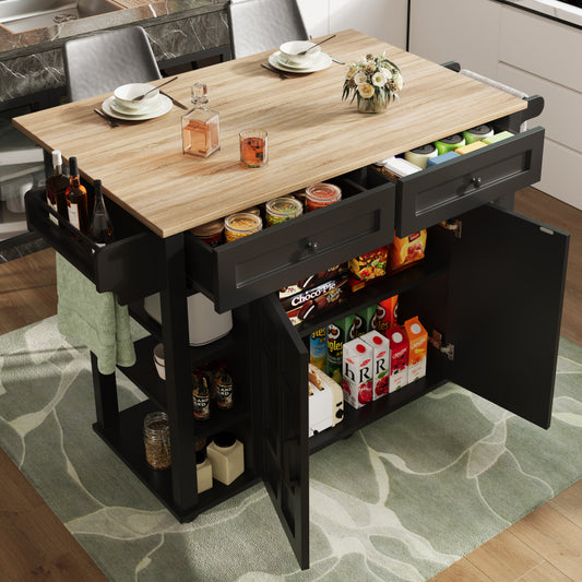 Kücheninsel mit herausnehmbaren Trennwänden, Esszimmerwagen mit Arbeitsplatte, Buffetschrank, Esszimmerwagen mit Holzmaserung, Handtuchhalter beidseitig mit Rollen, schwarz