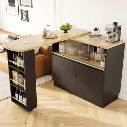 Kücheninsel mit 360° Rotation, Barschrank mit Glasschiebetür & Stauraum, Weiß & Holzoptik, multifunktionaler Küchentisch & Sideboard