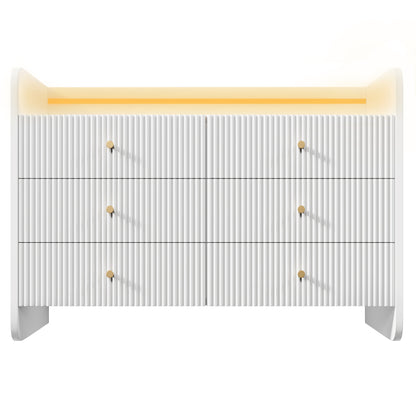 Sideboard, Kommode mit LED-Beleuchtung und 6 Schubladen, Wellenförmiges Rillendesign, Moderner Schrank für Wohnzimmer und Schlafzimmer, 120x40x75cm, Weiß