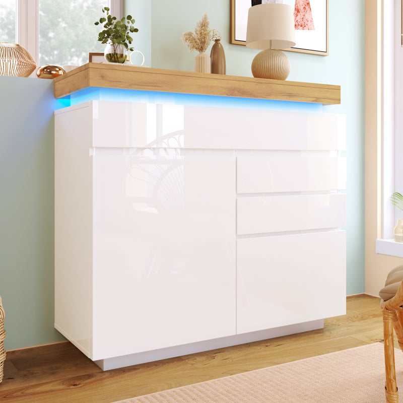 Kommode, Hochglanz Sideboard mit 2 Türen und 3 Schubladen, LED Beleuchtung (App Control), Mehrzweckschrank für Wohnzimmer und Schlafzimmer, 115 x 110 x 39 cm, Weiß