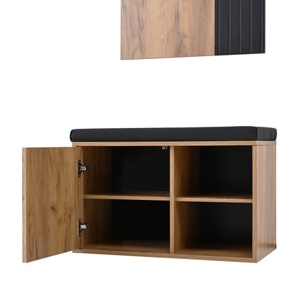 Schuhbank mit Garderobe & 3 Haken, Schuhschrank mit 2 Türen und Sitzbank, Flurmöbel aus Spanplatte, Schwarz/Natur, B70×T36×H146 cm