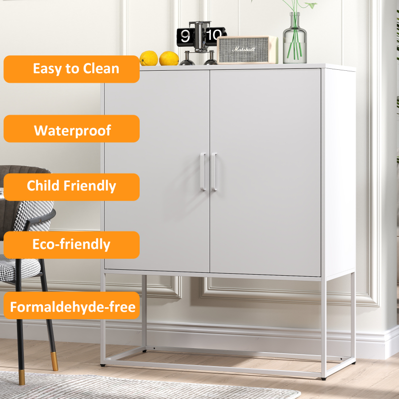 Metall-Sideboard,Lagerschrank– 2 Regale, Freistehender Stahlschrank, Magnettüren, Anti-Kipp-Sicherung, Wohnzimmer, Küche, Büro, Weiß, H 109 cm × B 85 cm × T 40 cm