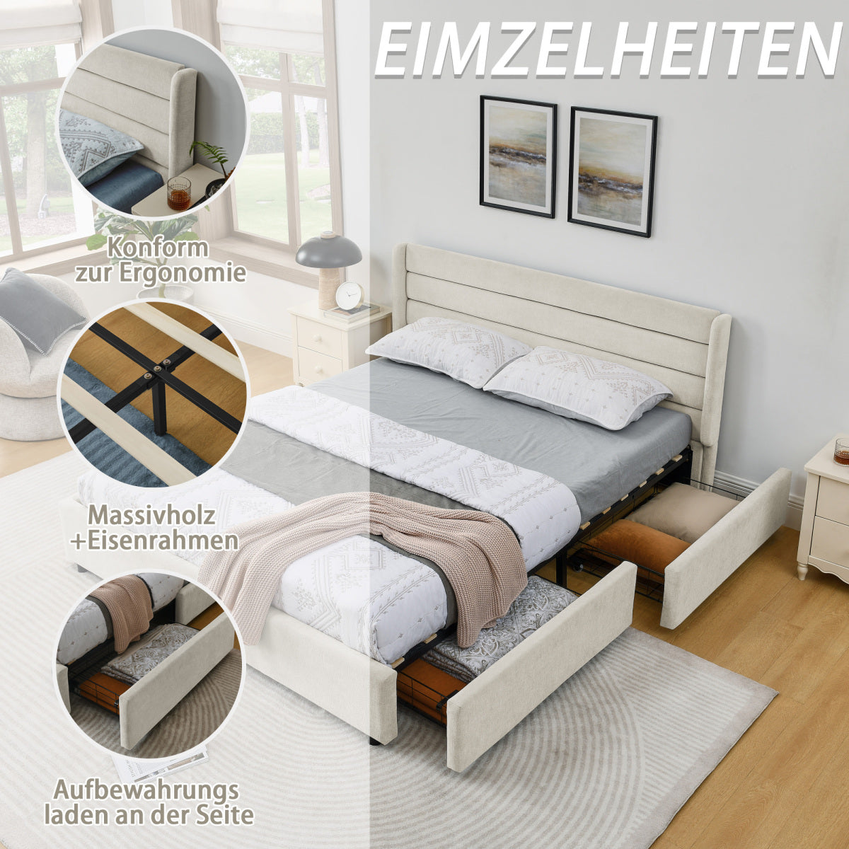 Doppelbett 160×200 cm aus Chenille mit 4 Schubladen, stabiles Bettgestell für Schlafzimmer & Eltern-Kind-Zimmer, Beige (ohne Matratze)