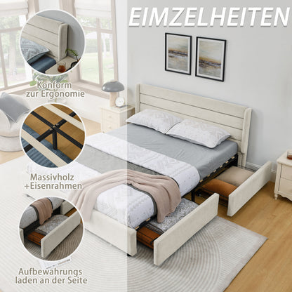 Doppelbett 160×200 cm aus Chenille mit 4 Schubladen, stabiles Bettgestell für Schlafzimmer & Eltern-Kind-Zimmer, Beige (ohne Matratze)