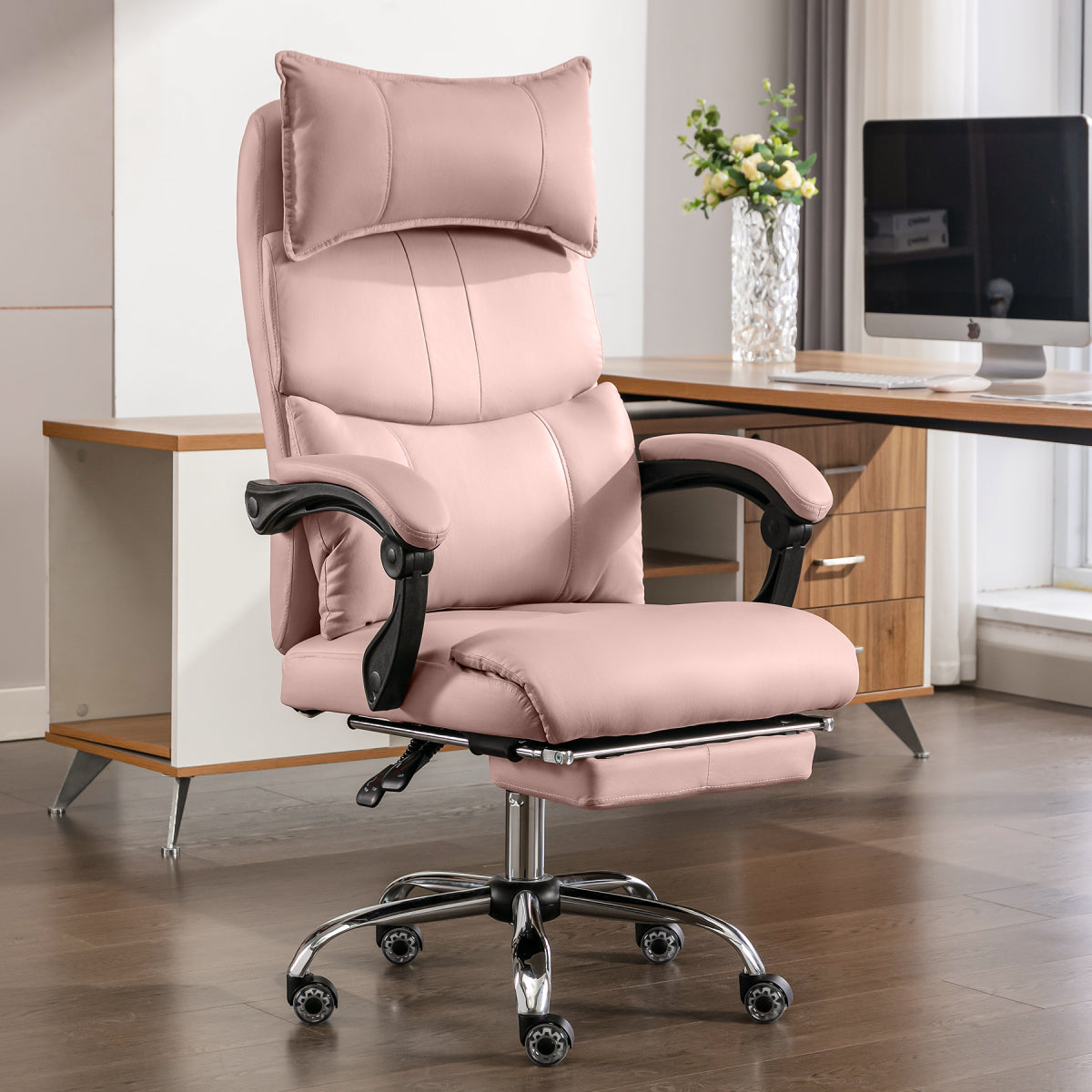 Chefsessel Pink PU-Leder, Ergonomisch, Höhenverstellbar, Doppel-Lordosenstütze