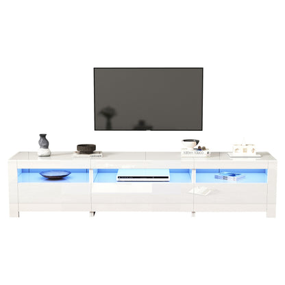 Weißer Hochglanz-TV-Schrank mit LED-Beleuchtung und Stauraum, weißes niedriges Paneel, bietet Platz für 80-Zoll-Fernseher, TV-Unterschrank mit herunterklappbarer Schranktür, 190 x 24 x 40 cm