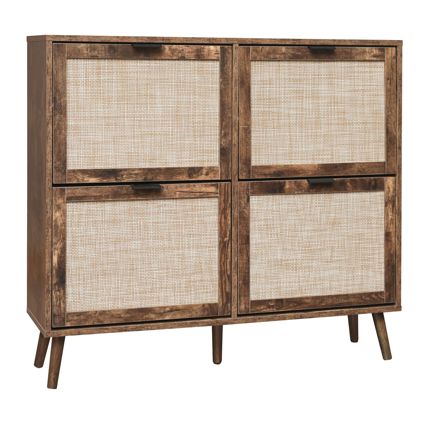 Schuhschrank mit vier Türen, Rattan-Optik, doppeltem Regal, mit Rückwand, geeignet für Flure und ähnliche Bereiche, Retrobraun