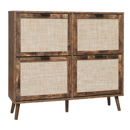 Schuhschrank mit vier Türen, Rattan-Optik, doppeltem Regal, mit Rückwand, geeignet für Flure und ähnliche Bereiche, Retrobraun