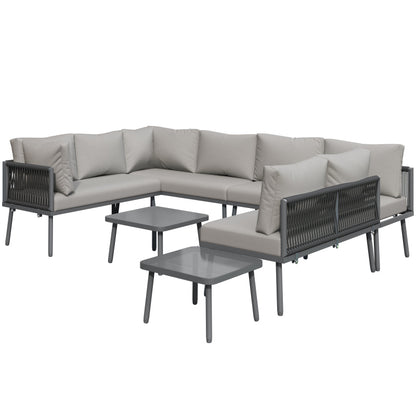 Eisen Garten Loungesessel Set, U-förmiges Gartenmöbel Set, balkon möbel, Wetterfestes Outdoor Ecksofa, terassenmöbel außen, für 8 Personen, mit 2 Tischen und 4 Zweisitzer-Sofas, Kissen inklusive, vers