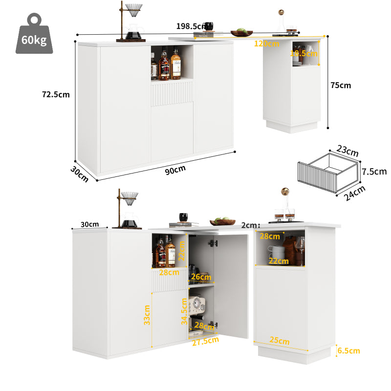 Um 360° drehbarer Bartisch (Hauptkörper 198,5 x 30 x 75 cm), modernes und schlichtes weißes Design, mit offenem Stauraum und Marmor-Arbeitsplatte, geeignet für Küche, Wohnzimmer und Esszimmer