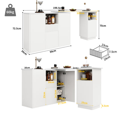 Um 360° drehbarer Bartisch (Hauptkörper 198,5 x 30 x 75 cm), modernes und schlichtes weißes Design, mit offenem Stauraum und Marmor-Arbeitsplatte, geeignet für Küche, Wohnzimmer und Esszimmer