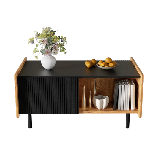 90 cm Schwarze und Holzfarbene Couchtisch – Moderner Stil, Zwei Offene Fächer und Zwei Türen, Dämpfende Scharniere