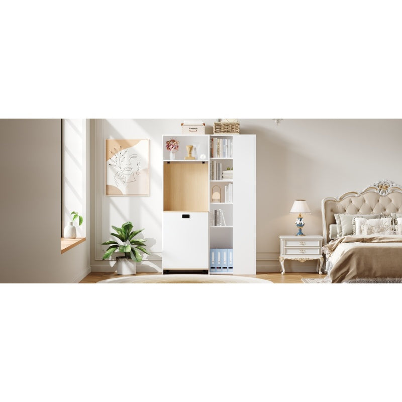 Klappbarer Schreibtisch mit Ablagen –2-in-1-Bücherregal und Schreibtisch, klappbar, mit Steckdose und USB-Anschluss, Kippschutz, weiß
