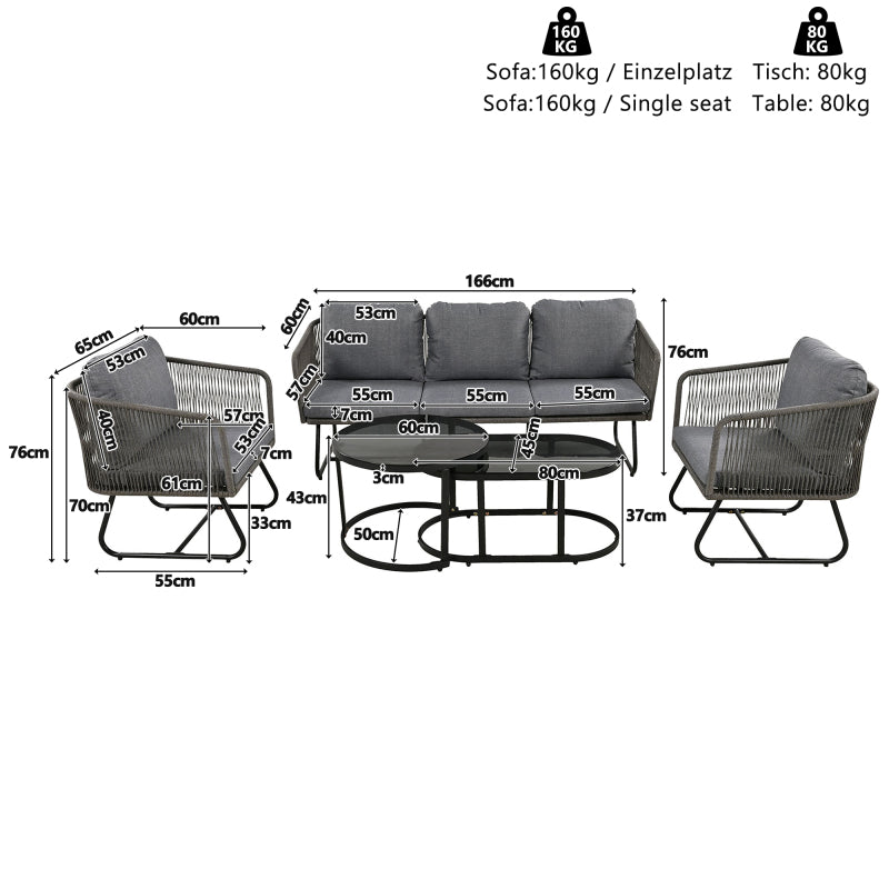 Garten-Lounge-Set mit Rahmen aus verzinktem Eisen, Gartenmöbel-Set aus Seil, graues Seil, verstellbare Füße, Tischplatte aus glattem Glas, 5er-Set, inklusive aller Sitz- und Rückenkissen