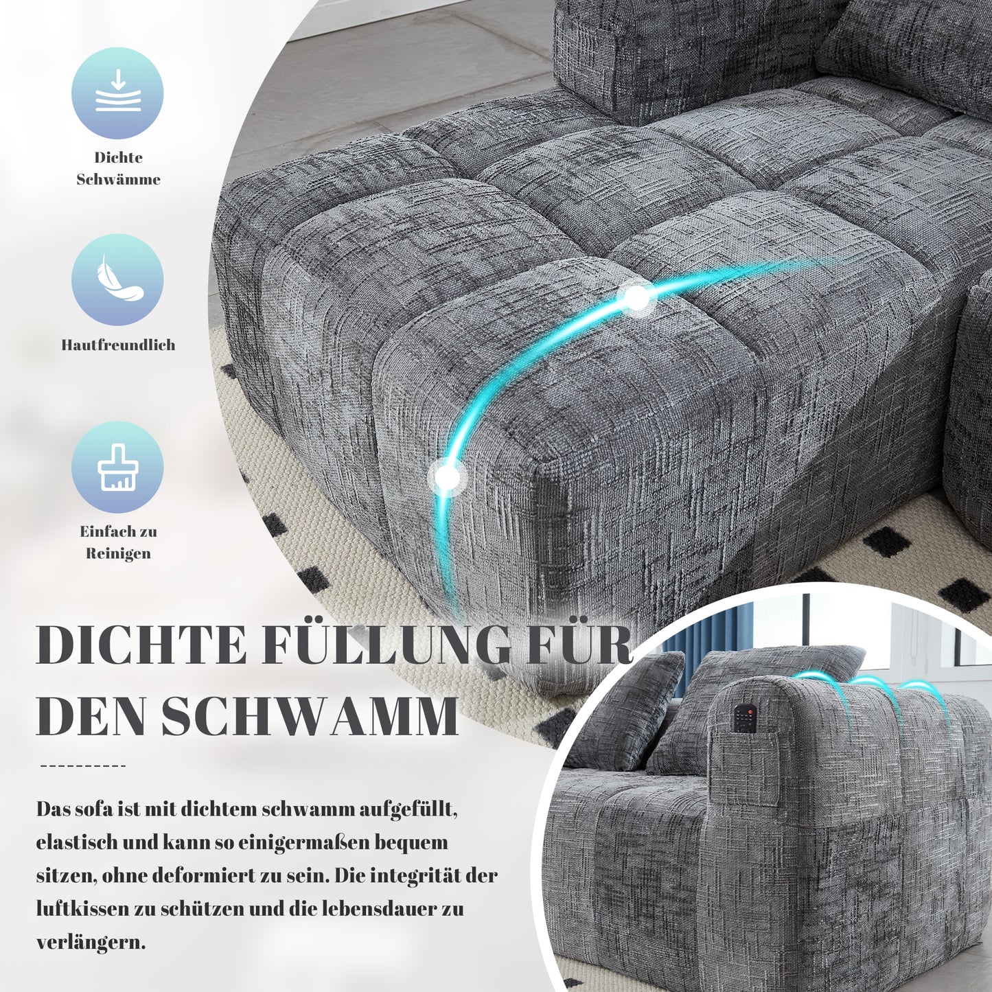 Modernes Sektionssofa, L-Sofa, 3-Sitzer-Sofa, keine Installation erforderlich, Chenille-Sofa mit Chaiselongue und Armlehnen, 3 Kissen, Seitentasche für Fernbedienung, Grau