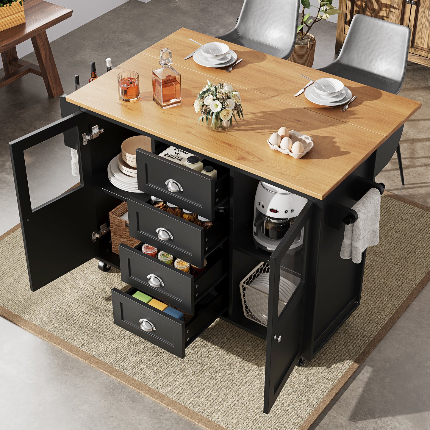 Kücheninsel Küchenwagen auf Rollen 120x73x93cm ausziehbarer Küchenschrank Buffetschrank mit Gewürzregal Handtuchhalter 2 Türen 4 Schubladen Schwarz