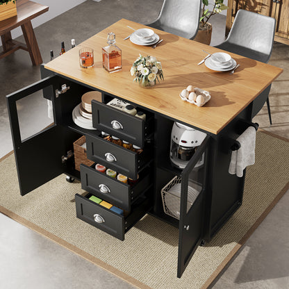 Kücheninsel Küchenwagen auf Rollen 120x73x93cm ausziehbarer Küchenschrank Buffetschrank mit Gewürzregal Handtuchhalter 2 Türen 4 Schubladen Schwarz