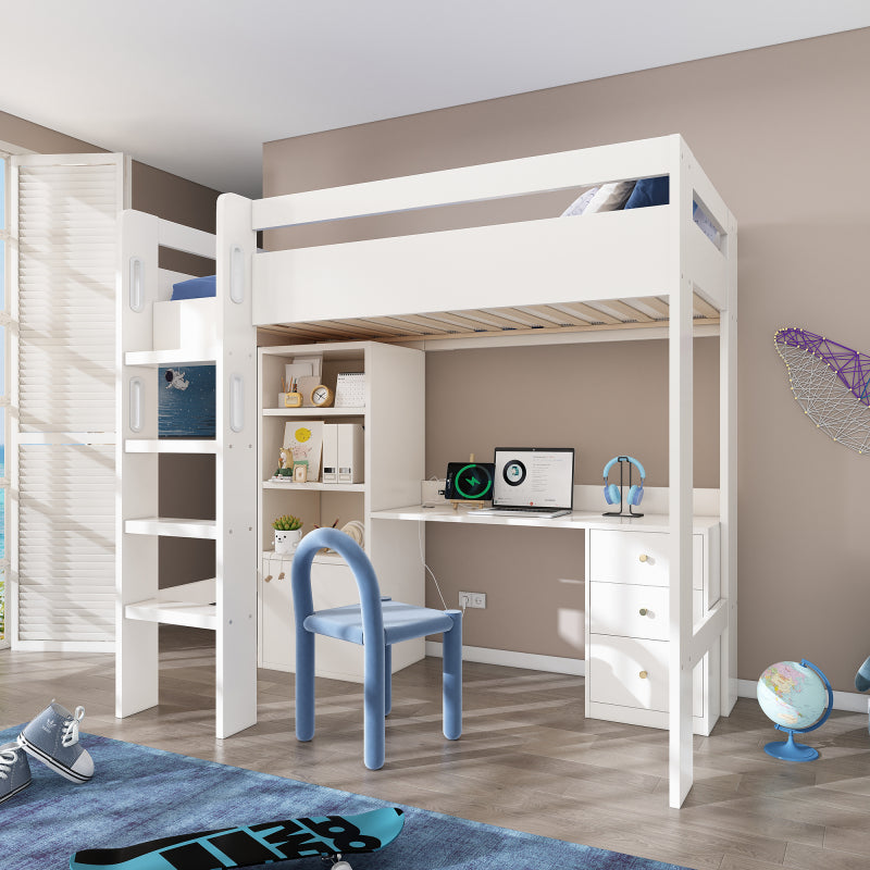 Kinderbett Hochbett mit USB-C Schreibtisch, Kleiderschrank und Aktenschrank, Jugendbett  Einzelbett mit Treppe und Lattenrost, Stauraum,90×200, Ohne Matratze