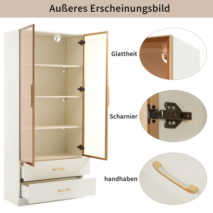Badezimmerschrank, mittel, mit Lichtleiste, 75 cm breit, mit 2 großen Schubladen und 2 Türen, Glastür
