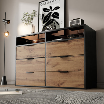 Kommode Sideboard aus Bernstein Glas, Sideboard mit Metallgriffen, Kommode mit 6 Schubladen und 2 Fächern , kippsicher, 120 x 40 x 80 cm, Eiche