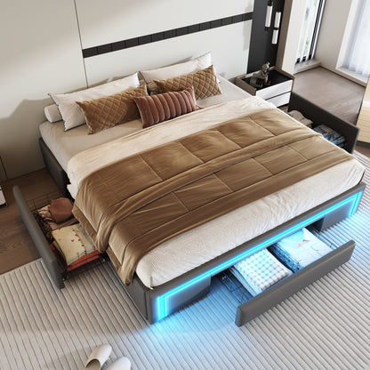 Bettgestell 180X200 mit Schubladen, PU-Leder Bett ohne Kopfteil Mit LED-Lichtleiste, MetalllattenPlattformbett für moderne Schlafzimmer Beige