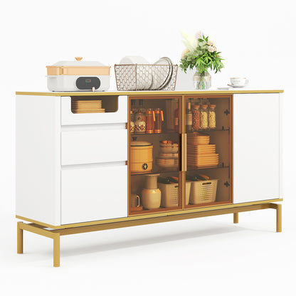 Elegantes Sideboard 150Lx40Bx80H cm, weiß, Arbeitsplatte aus Marmor, goldene Zierleiste - Moderner Stauraumschrank mit Glas- und Holzfächern