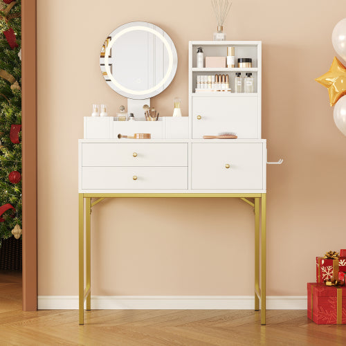 Schminktisch Weiß 80 cm, Frisiertisch mit LED Spiegel, Integrierte Steckdose mit USB & Föhnhalter