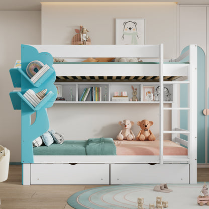 Etagenbett, Kreatives Kinderbett, Bücherregal in Baumform, Offenes Regal, Zwei Schubladen mit Rollen, Mit Fallschutzgitter, Reichlich Stauraum, Kiefer+MDF, Weiß+Blau, 90x200cm