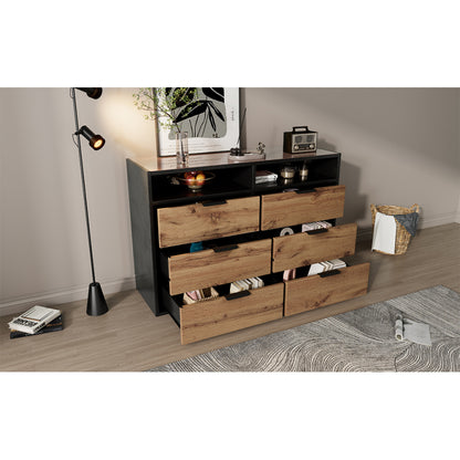 Kommode Sideboard aus Bernstein Glas, Sideboard mit Metallgriffen, Kommode mit 6 Schubladen und 2 Fächern , kippsicher, 120 x 40 x 80 cm, Eiche