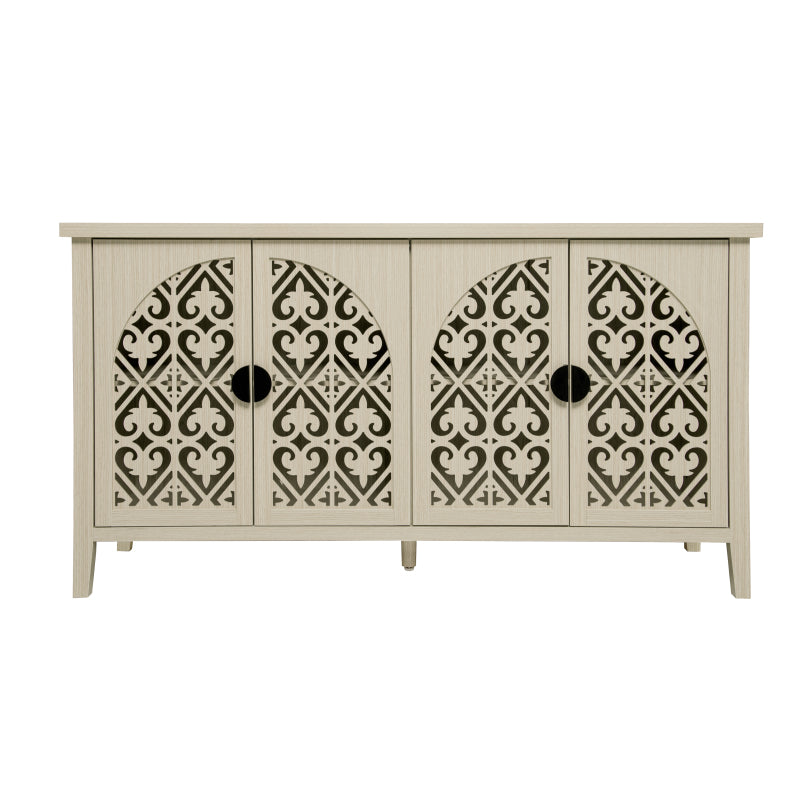 Natürliches Holzfarbener vier Türen Sideboard, mit geschnitztem und durchbrochenem Design, ausgestattet mit drei Einlegeböden. Geeignet für Wohnzimmer, Flur, Esszimmer und Küche.(147.6x40x80cm)