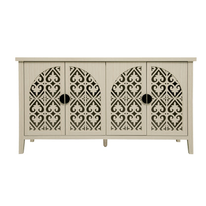 Natürliches Holzfarbener vier Türen Sideboard, mit geschnitztem und durchbrochenem Design, ausgestattet mit drei Einlegeböden. Geeignet für Wohnzimmer, Flur, Esszimmer und Küche.(147.6x40x80cm)