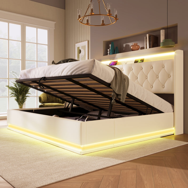 Polsterbett Doppelbett, 360-Surround-LED-Funktion, Drucktaste/App/Fernbedienung, 180*200 cm, weiß PU-Material Hydraulisches Lagerbett, gepolstertes Kopfteil mit USB Typ-C Ladefunktion (Ohne Matratze)