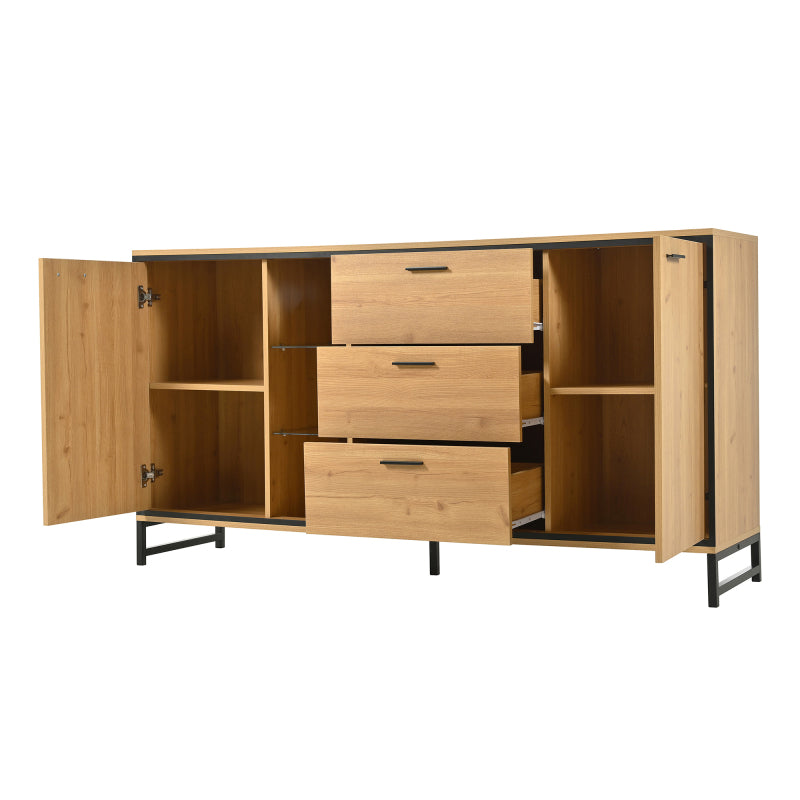 Sideboard mit drei Schubladen, exquisite Maserung. Modernes Sideboard in Holzfarbe mit Ablagefächern – stilvolle und funktionale Wohnmöbel. Schwarz und Holzfarbe.