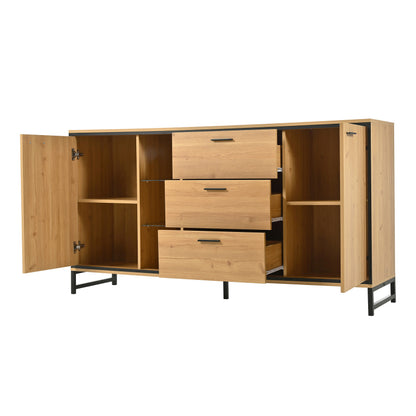 Sideboard mit drei Schubladen, exquisite Maserung. Modernes Sideboard in Holzfarbe mit Ablagefächern – stilvolle und funktionale Wohnmöbel. Schwarz und Holzfarbe.