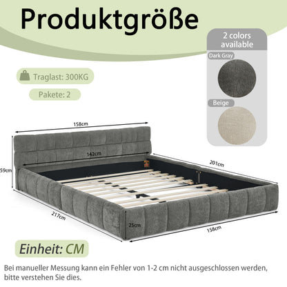 Doppelbett 140*200 cm, Bett mit seidig weichem Chenille - Bezug, quadratischem Steppdesign, Dark Gray (ohne Matratze)