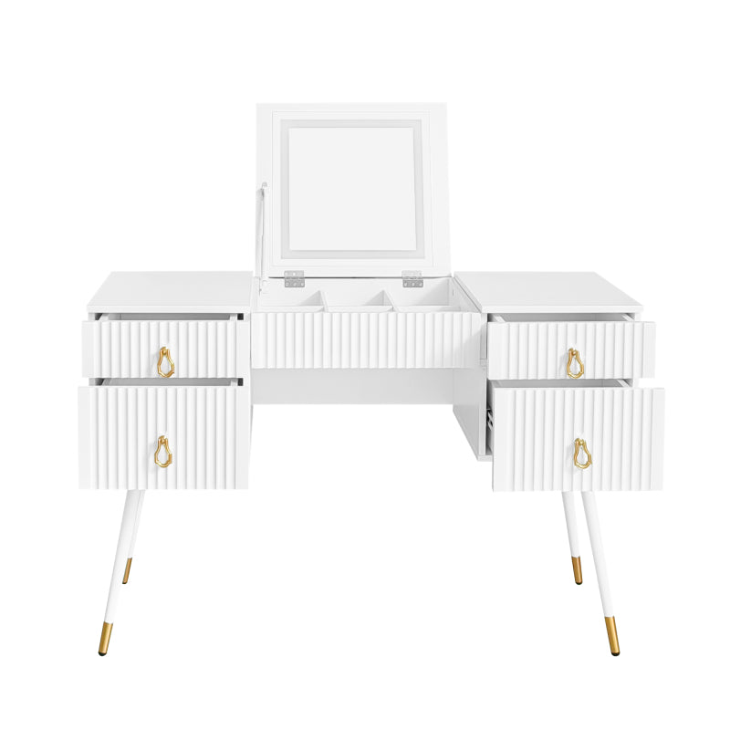 Weißer Schminktisch(Ohne Stühle), Enthält LED-Spiegel mit einstellbarer Helligkeit, luxuriösem vergoldetem Zubehör und mehreren Stauräumen, mit 4 Schubladen, Schreibtisch univer, Weiß