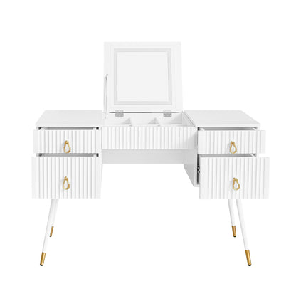Weißer Schminktisch(Ohne Stühle), Enthält LED-Spiegel mit einstellbarer Helligkeit, luxuriösem vergoldetem Zubehör und mehreren Stauräumen, mit 4 Schubladen, Schreibtisch univer, Weiß